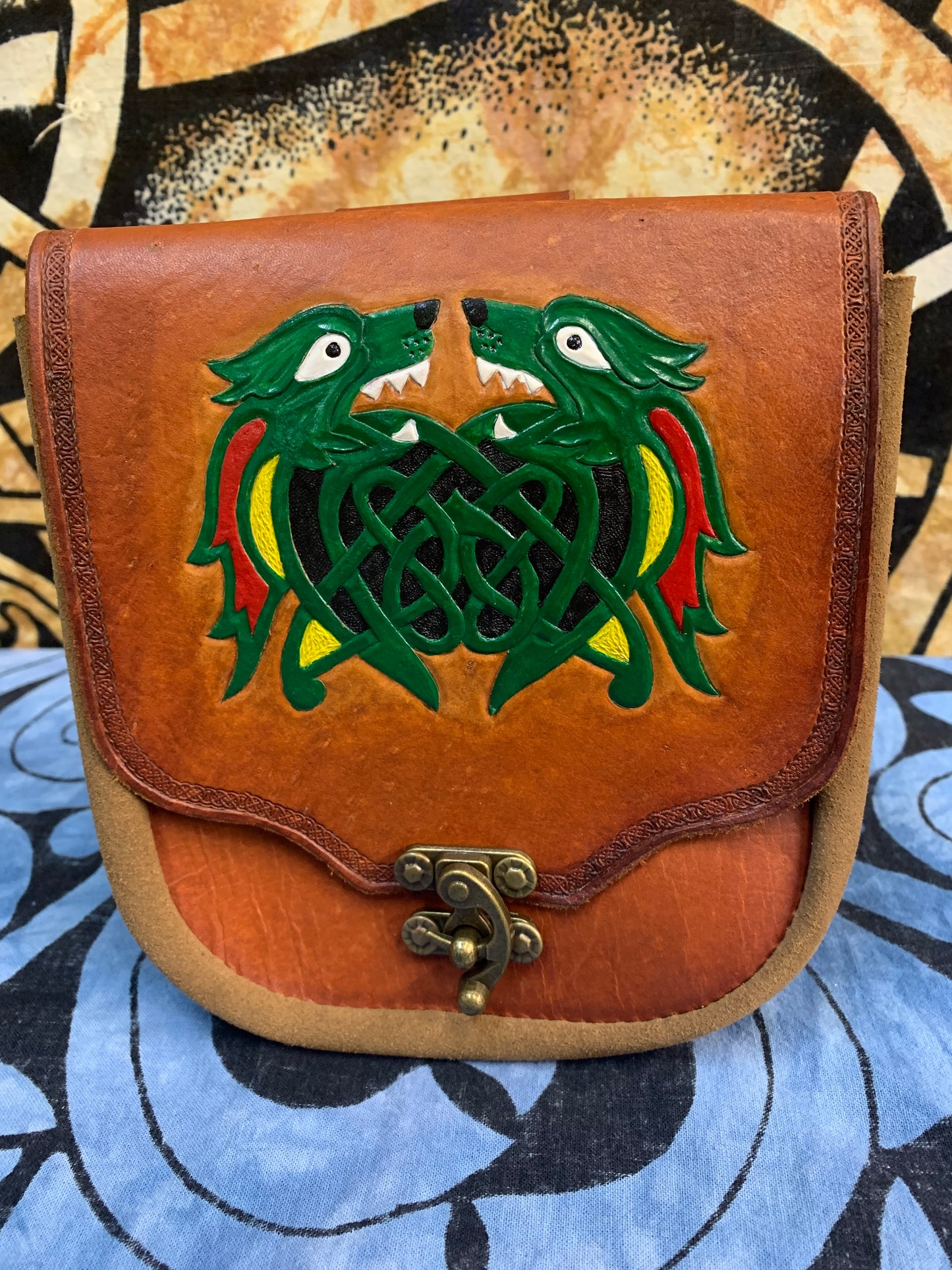 Suede and Leather Belt Pouch - Celtic WOLF Carving - Light Brown w/Toast Suede