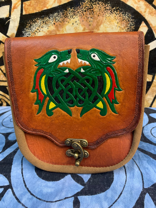 Suede and Leather Belt Pouch - Celtic WOLF Carving - Light Brown w/Toast Suede