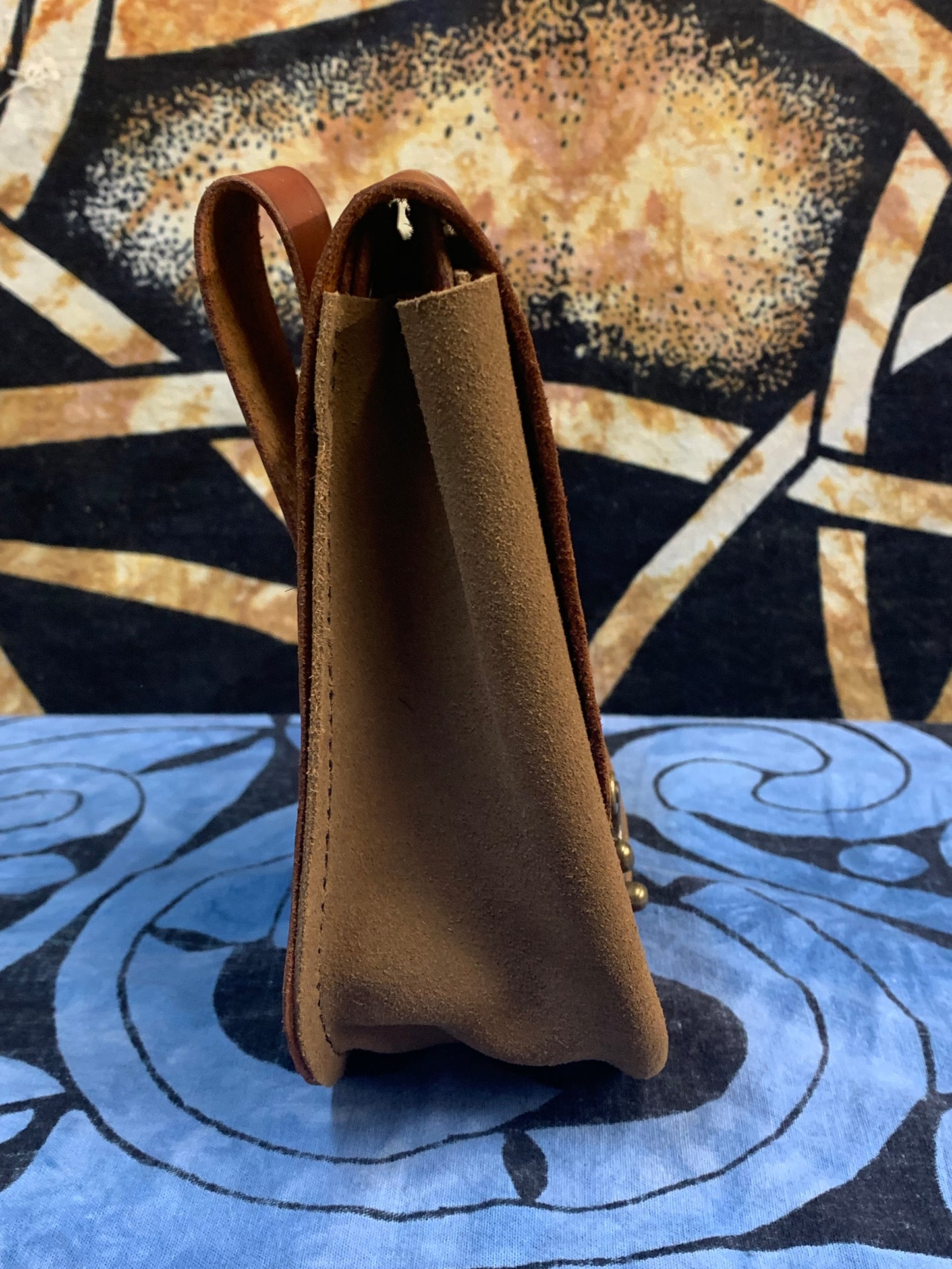 Suede and Leather Belt Pouch - Celtic WOLF Carving - Light Brown w/Toast Suede