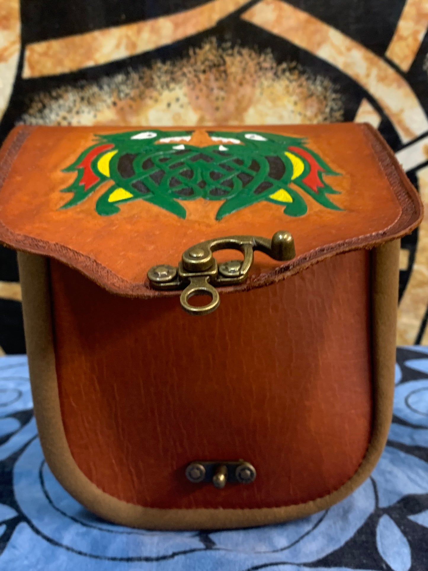 Suede and Leather Belt Pouch - Celtic WOLF Carving - Light Brown w/Toast Suede