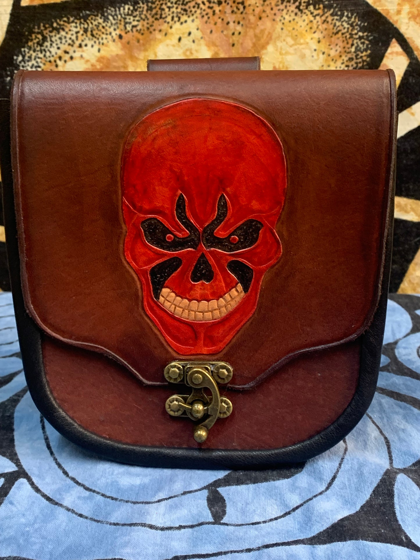 Suede and Leather Belt Pouch - Skull Carving Mahogany w/black leather