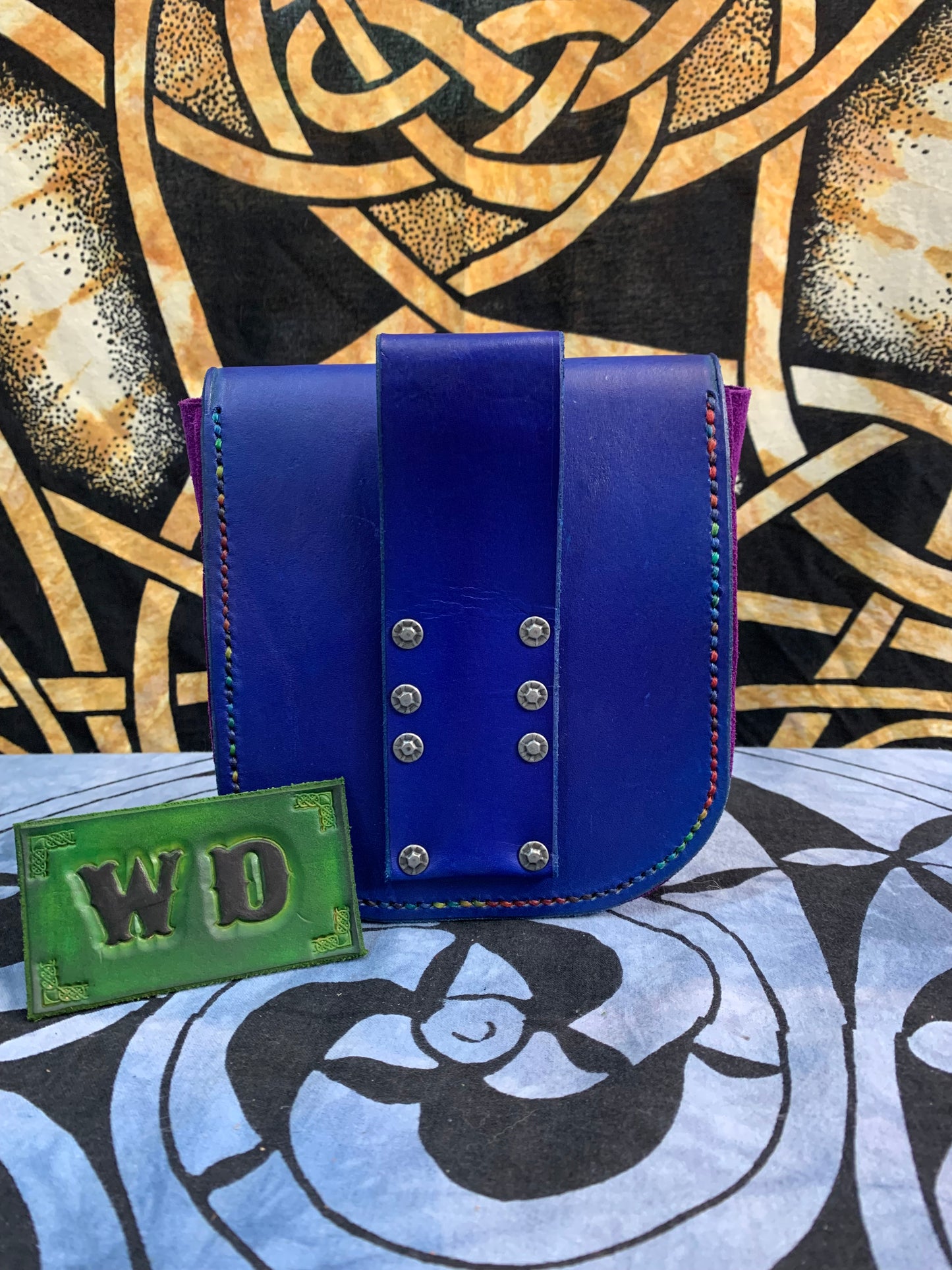 SUEDE & LEATHER BELT POUCH - Marijana Leaf Carving - Blue & Purple Suede